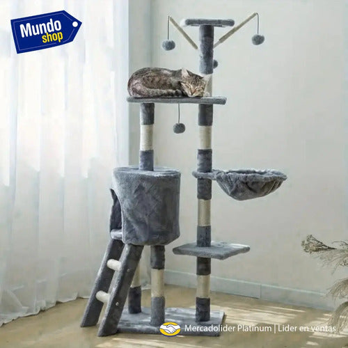 Rascador torre 5 niveles en felpa y sisal para gato juego gris