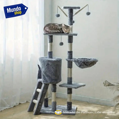 Rascador torre 5 niveles en felpa y sisal para gato juego gris