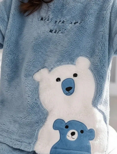 Pijama Conjunto Plush Peludo Suave Diseño Osito Manga Larga Celeste Liso Xxl
