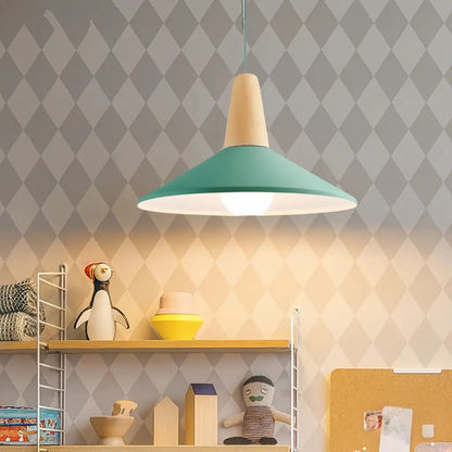 Lampara colgante metal nordica plato deco simil madera LED