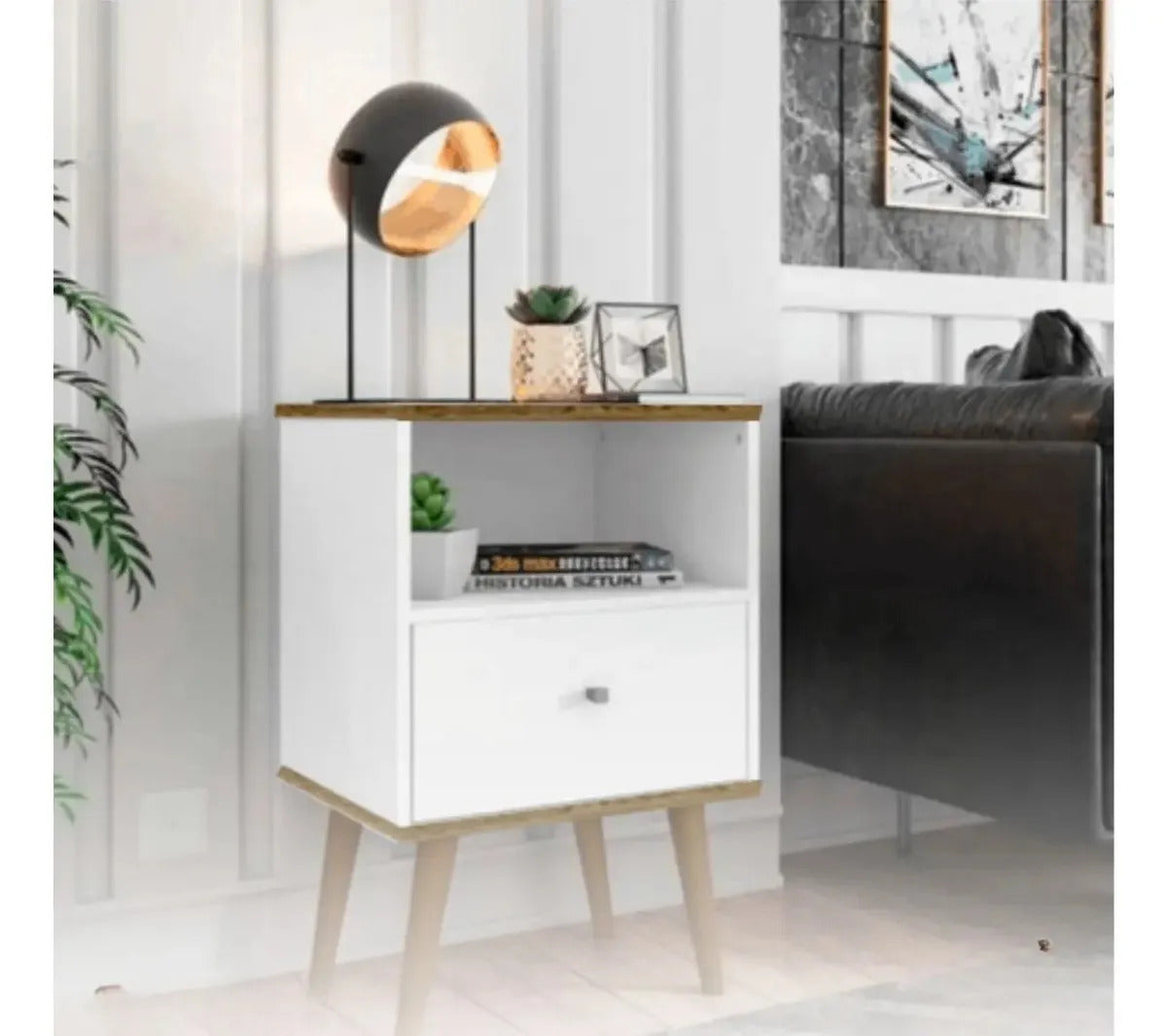 Mesa de luz linea nordica living dormitorio 1 cajon brillante blanco