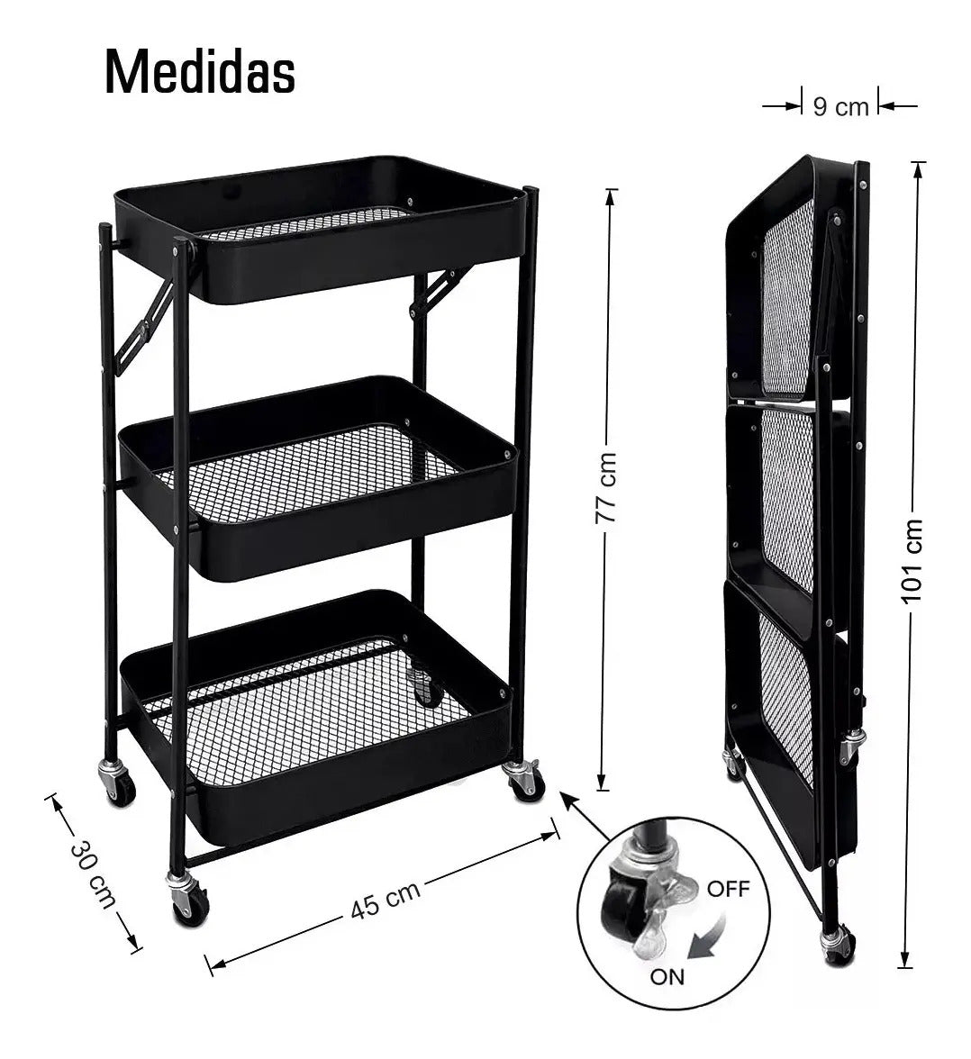Carrito metal auxiliar con ruedas plegable 3 niveles