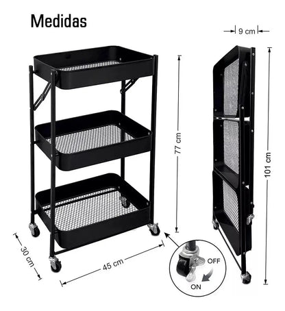 Carrito metal auxiliar con ruedas plegable 3 niveles