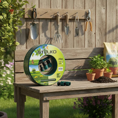 Manguera de jardin para riego 25 metros con acoples y soporte verde
