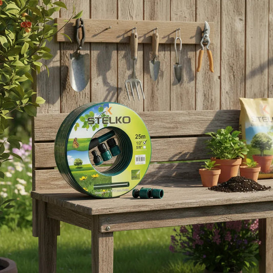 Manguera de jardin para riego 25 metros con acoples y soporte verde