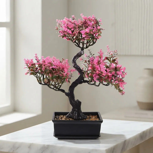 Planta Artificial Bonsái En Maceta Negra Decorativa 36cm Rosa