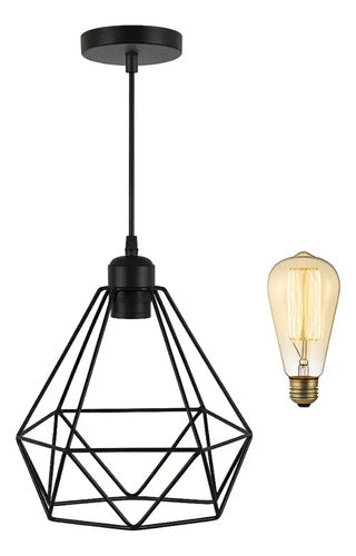 Lampara Colgante Jaula Diamante Led + Bombita Negro