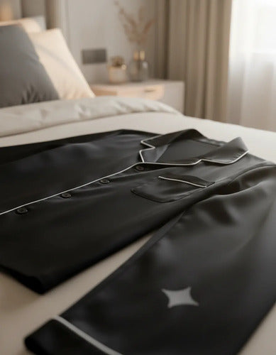 Pijama De Satén Manga Larga Pantalón Y Camisa Conjunto Negro Liso Xxl