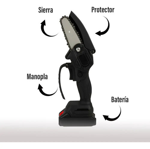 Mini motosierra 8 maletín + bateria + cadenas + accesorios negro