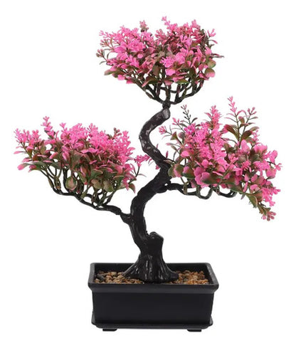 Planta Artificial Bonsái En Maceta Negra Decorativa 36cm Rosa