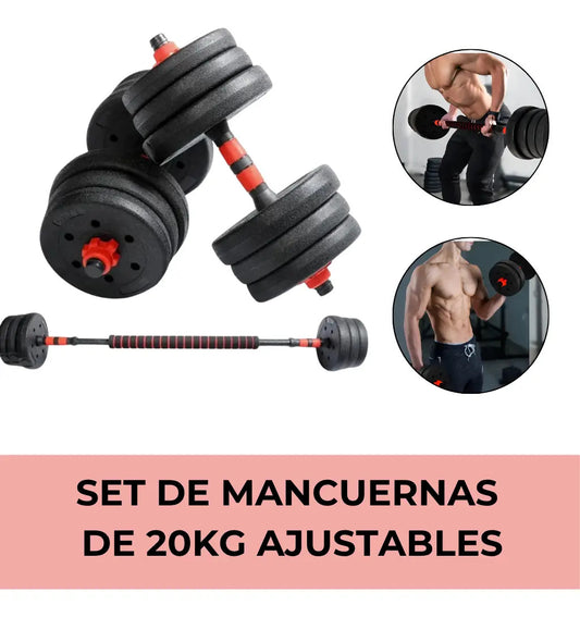 Set mancuerna Bosco ajustable + barra 20 kg total rojo