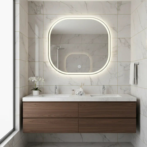 Espejo Cuadrado Borde Redondeado Con Luz Led 60cm Táctil Blanco