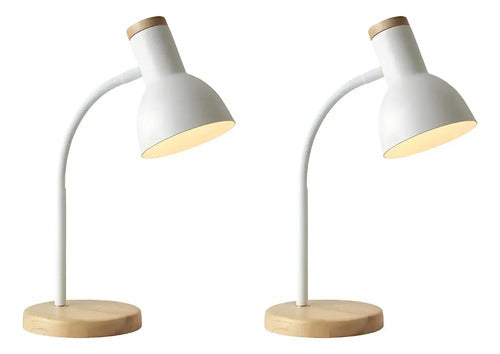 2 X Lampara De Escritorio Portatil Nordica Madera Vintage Estructura Blanco