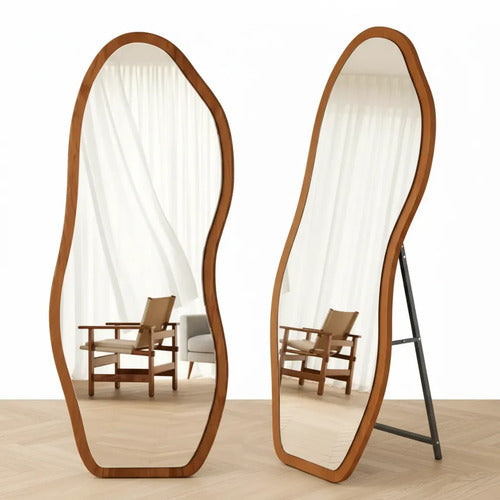 Espejo Irregular Con Ondas Mdf Diseño Minimalista 160cm Marrón Claro