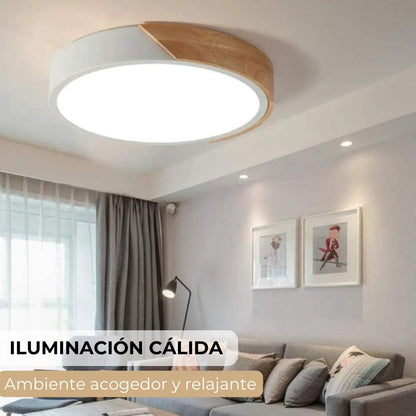 Luminaria luz fria plafon LED diám 30cm metal y madera