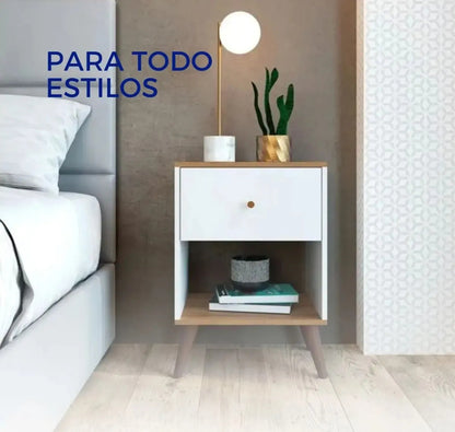 Mesa de luz linea nordica living dormitorio 1 cajon brillante blanco