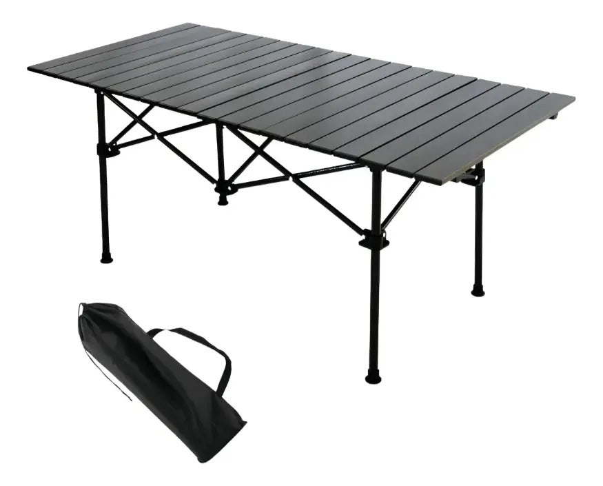 Mesa plegable exterior jardín camping símil madera aluminio negro