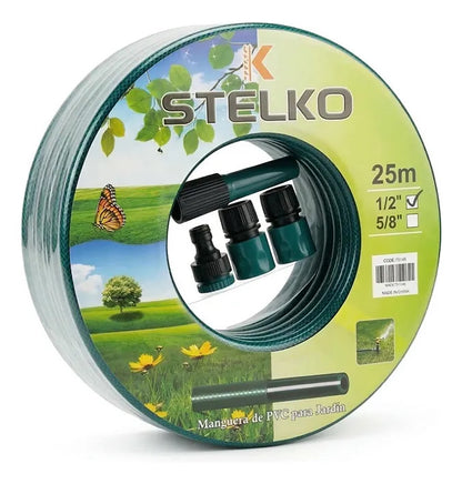 Manguera de jardin para riego 25 metros con acoples y soporte verde
