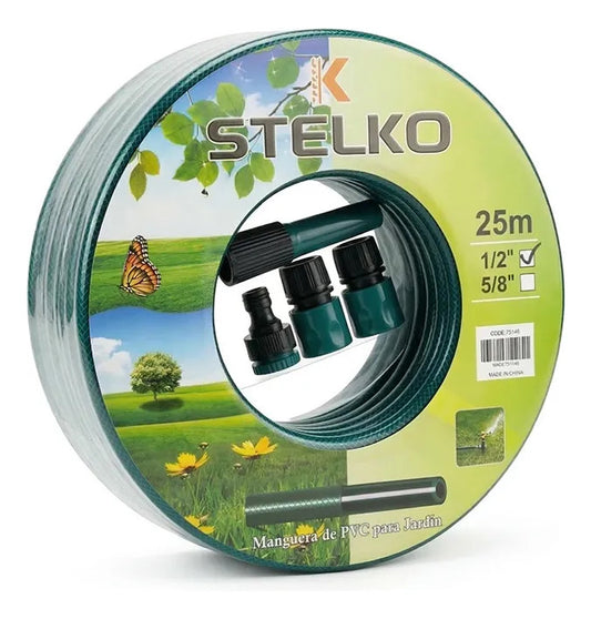 Manguera de jardin para riego 25 metros con acoples y soporte verde