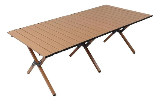 Mesa portátil plegable exterior camping acero símil madera marrón