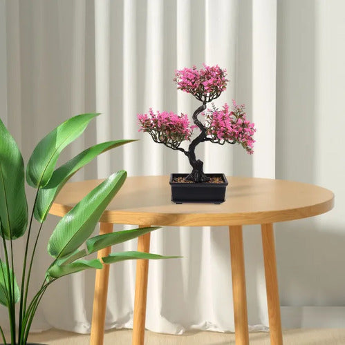 Planta Artificial Bonsái En Maceta Negra Decorativa 36cm Rosa