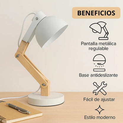 Lampara portátil de escritorio madera y metal regulable marrón claro blanco