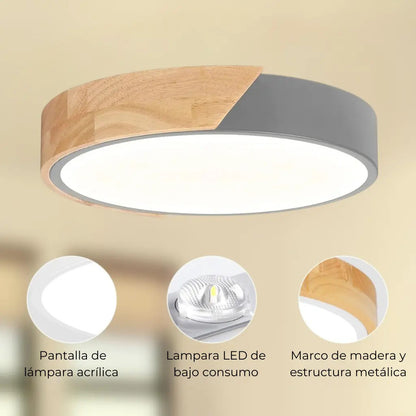 Luminaria luz fria plafon LED diám 30cm metal y madera
