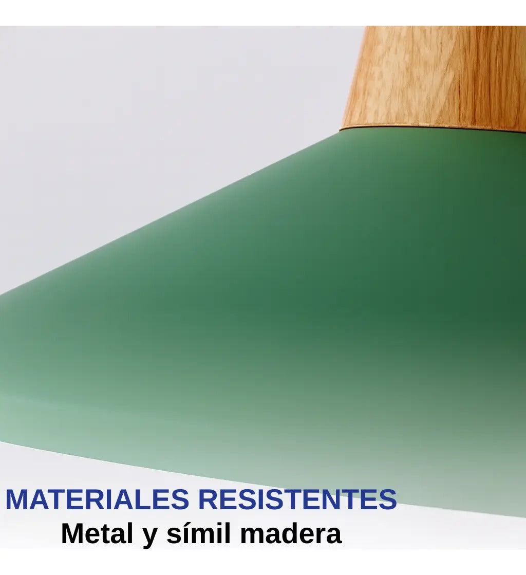 Lampara colgante metal nordica plato deco simil madera LED