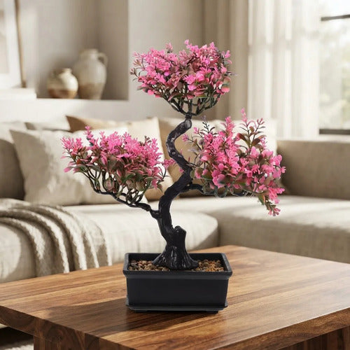 Planta Artificial Bonsái En Maceta Negra Decorativa 36cm Rosa