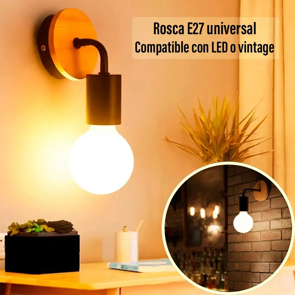 Pack x2 aplique pared nordico metal madera vintage