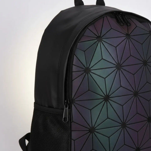 Mochila Holográfica Negra Brillante Para Escuela Y Salidas Negro Geométrico
