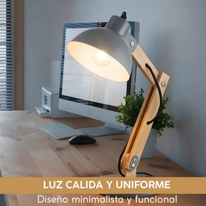 Lampara portátil de escritorio madera y metal regulable marrón claro blanco