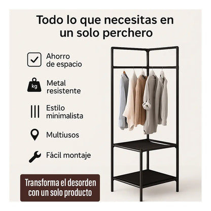 Perchero Esquinero Organizador Tres Estantes De Pie Negro