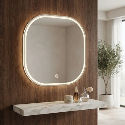Espejo Cuadrado Borde Redondeado Con Luz Led 60cm Táctil Blanco