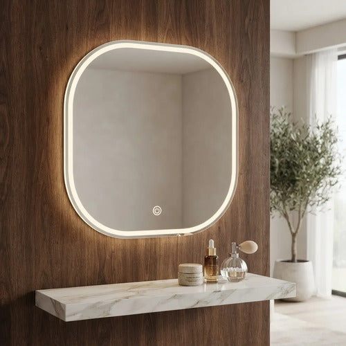 Espejo Cuadrado Borde Redondeado Con Luz Led 60cm Táctil Blanco