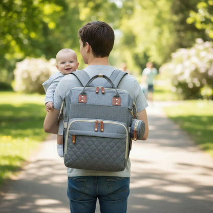 Mochila Maternal Convertible Con Cambiador Impermeable Bebe Color Gris Liso