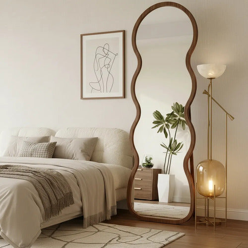 Espejo De Pie Curvo 160cm Símil Madera Dormitorio Living Marrón Oscuro