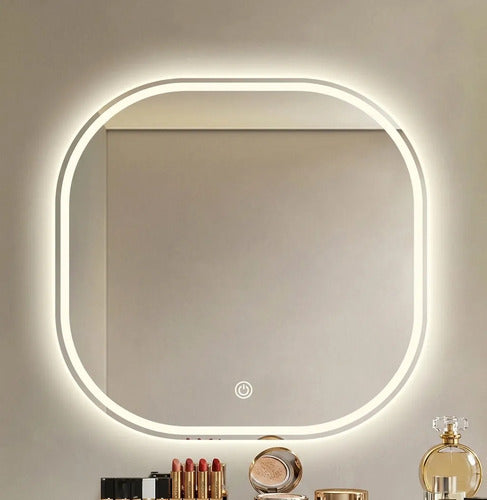Espejo Cuadrado Borde Redondeado Con Luz Led 60cm Táctil Blanco