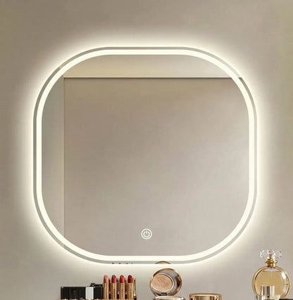 Espejo Cuadrado Borde Redondeado Con Luz Led 60cm Táctil Blanco