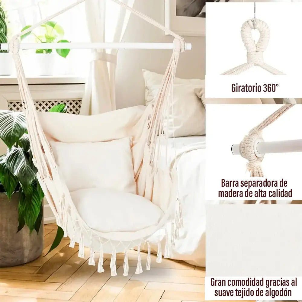 Silla hamaca paraguaya con amohadones fleco calidad premium