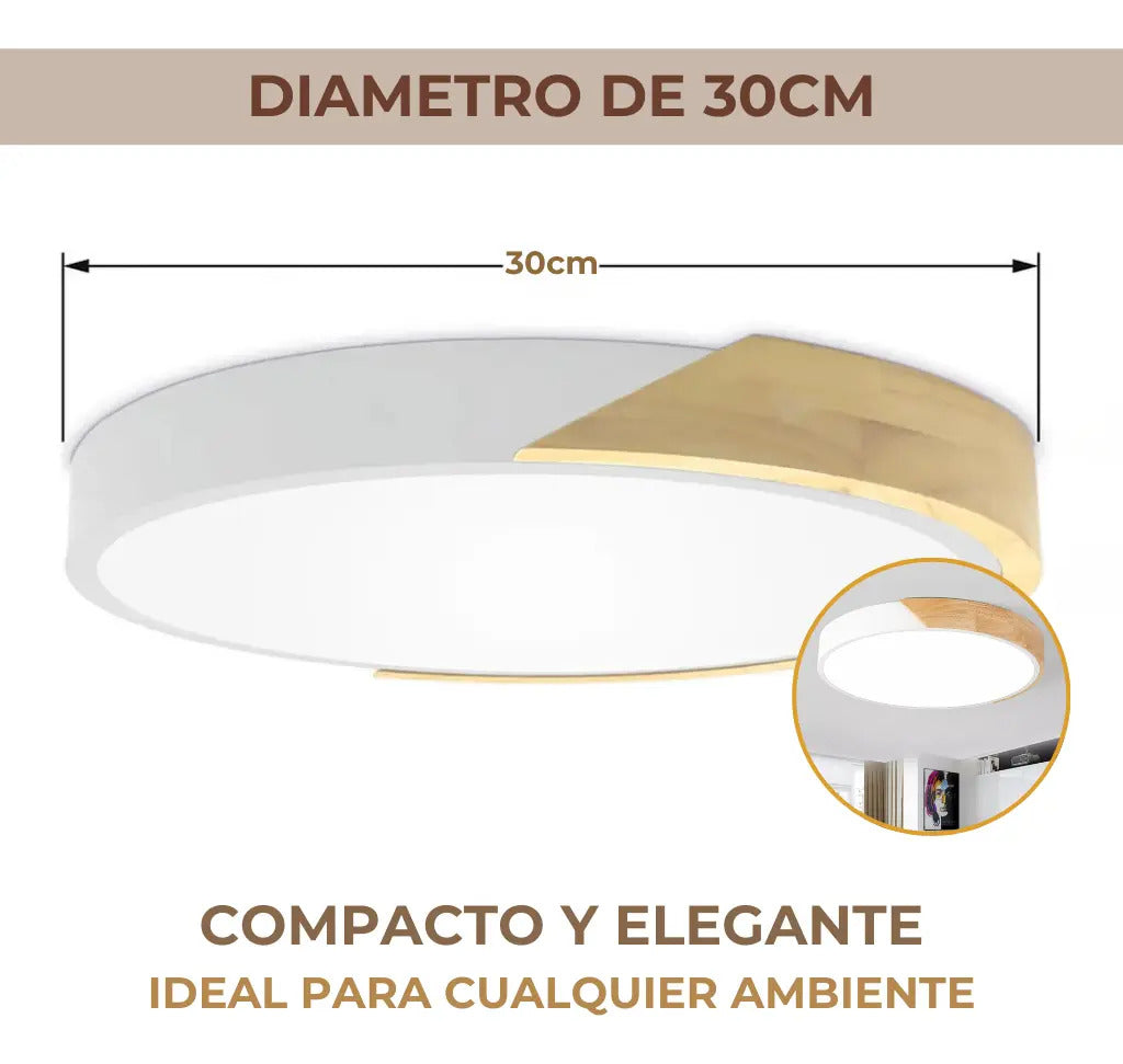 Luminaria luz fria plafon LED diám 30cm metal y madera