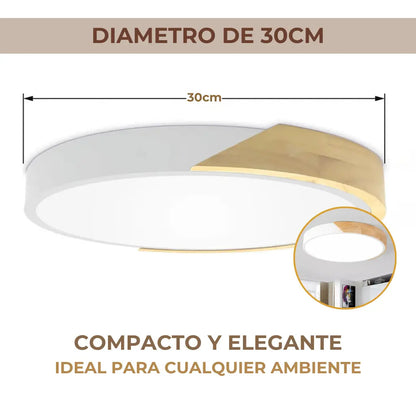 Luminaria luz fria plafon LED diám 30cm metal y madera