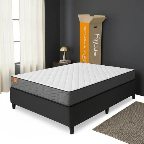 Sommier Box Capitoneado Dos Plazas Colchón De Espuma 17d Negro