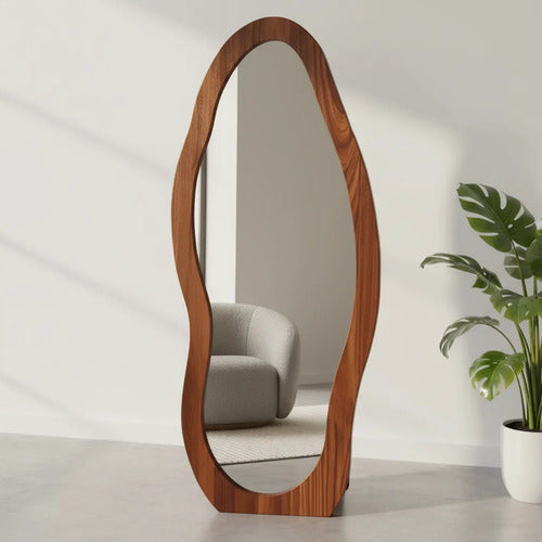 Espejo Irregular Símil Madera Diseño Minimalista 160cm Marrón Oscuro