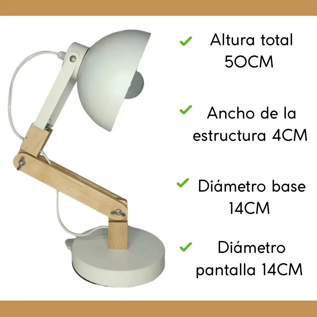 Lampara portátil de escritorio madera y metal regulable marrón claro blanco