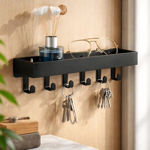 Porta Llaves De Pared De Madera Con Ganchos Metálicos Negro