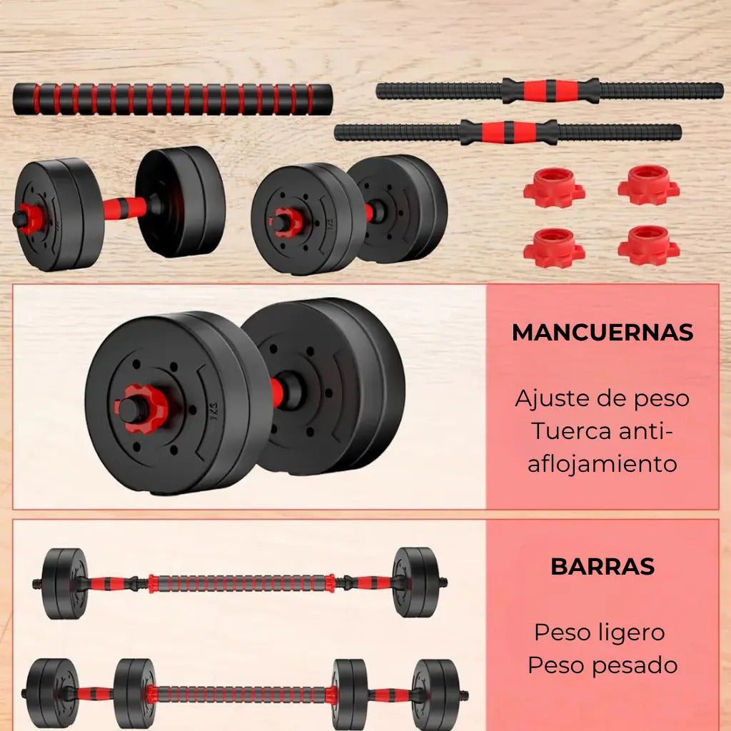 Set mancuerna Bosco ajustable + barra 20 kg total