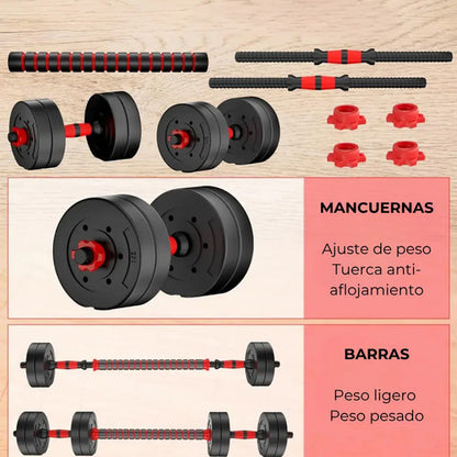 Set Mancuerna Bosco Ajustable + Barra 30 Kg Total Negro