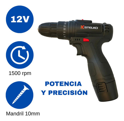 Taladro Atornillador Inalámbrico Recargable 12v Stelko Negro 50hz 60hz