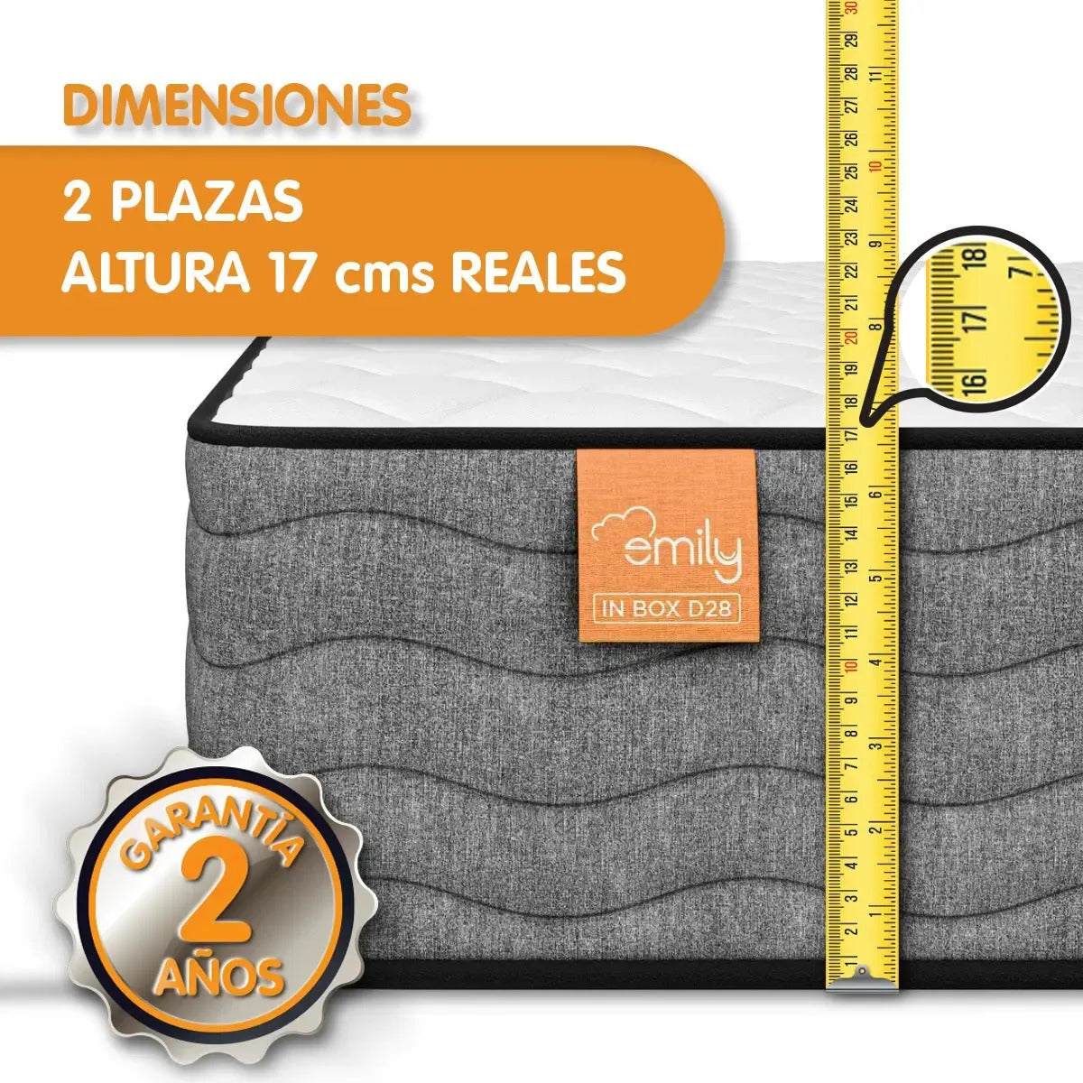 Colchón espuma 2 plazas Emily 17 alta densidad + 2 almohadas